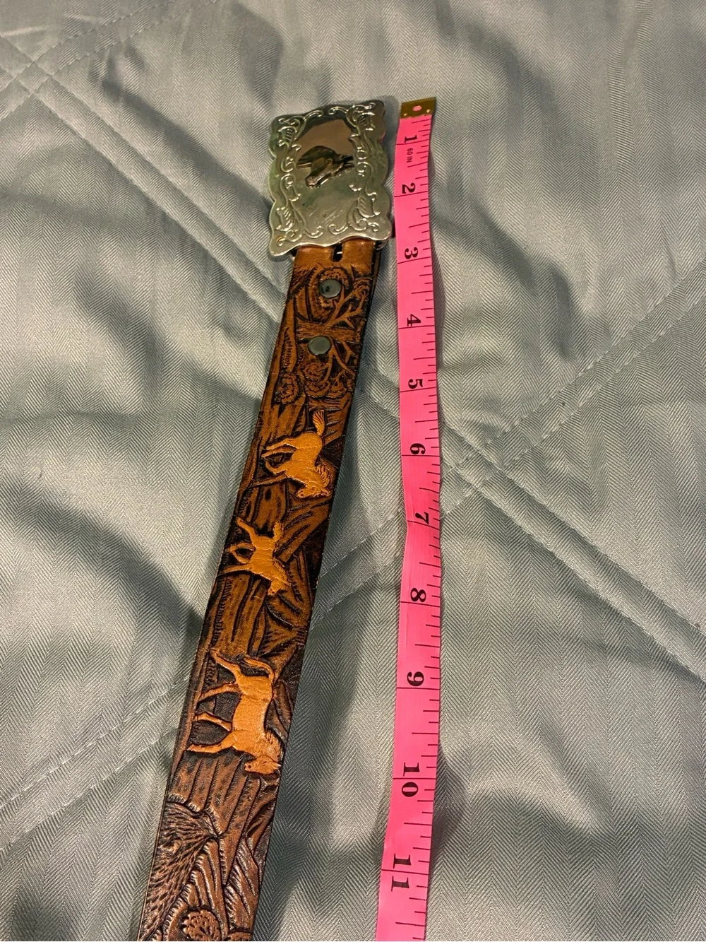 Wrangler Tooled Brown Leather Belt with Silver Horse Buckle